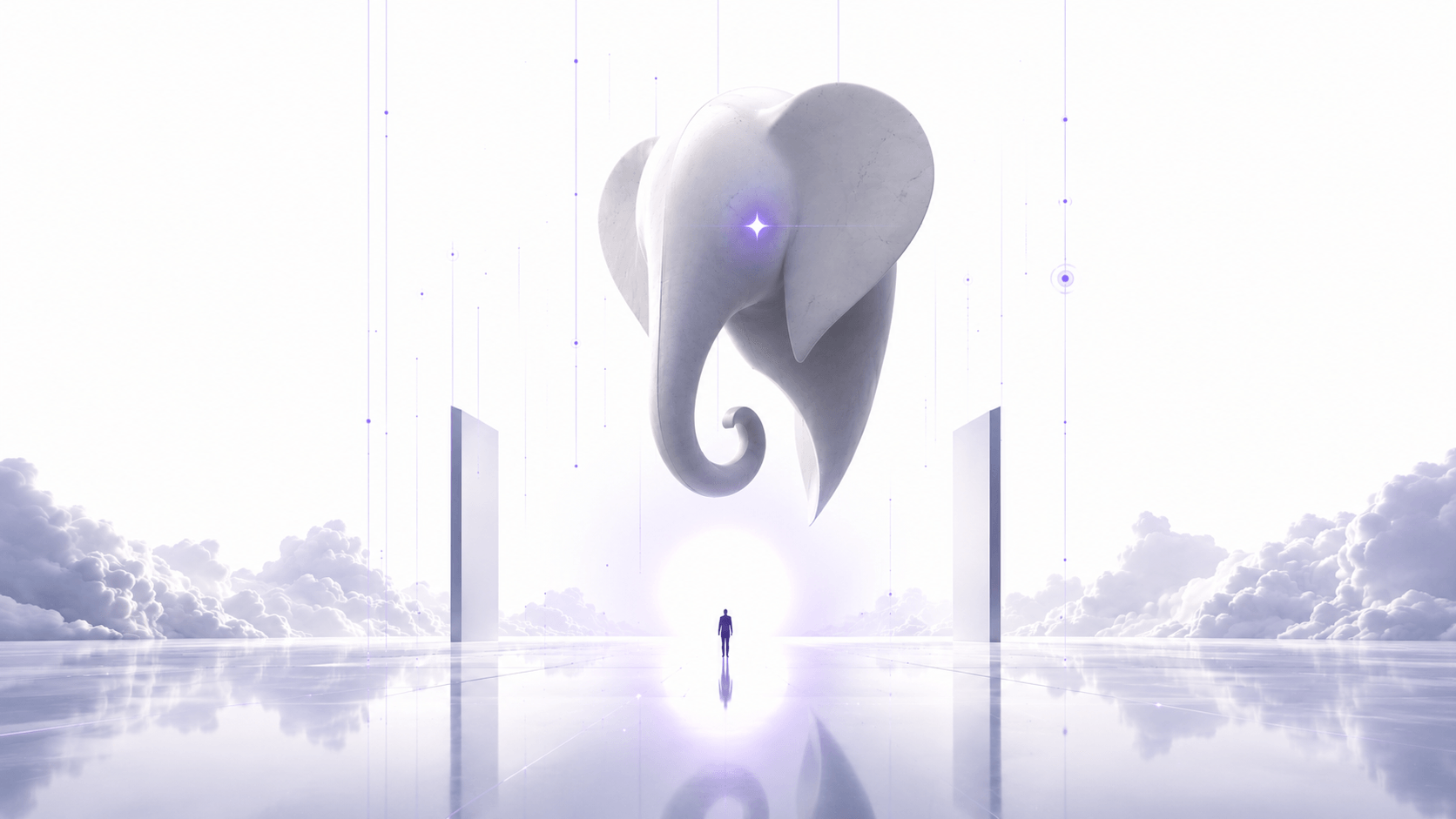 A monumental white elephant suspended in a bright, cloud-filled hall, intelligence descending into the world.