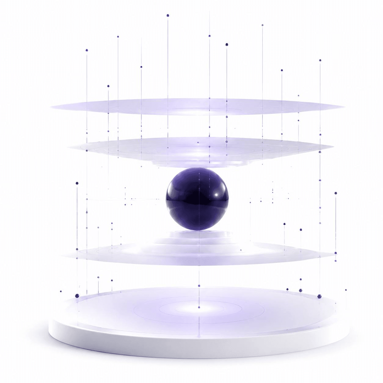 A dark glossy sphere resting on suspended concentric discs, ringed by floating data points, decentralized intelligence held in balance.